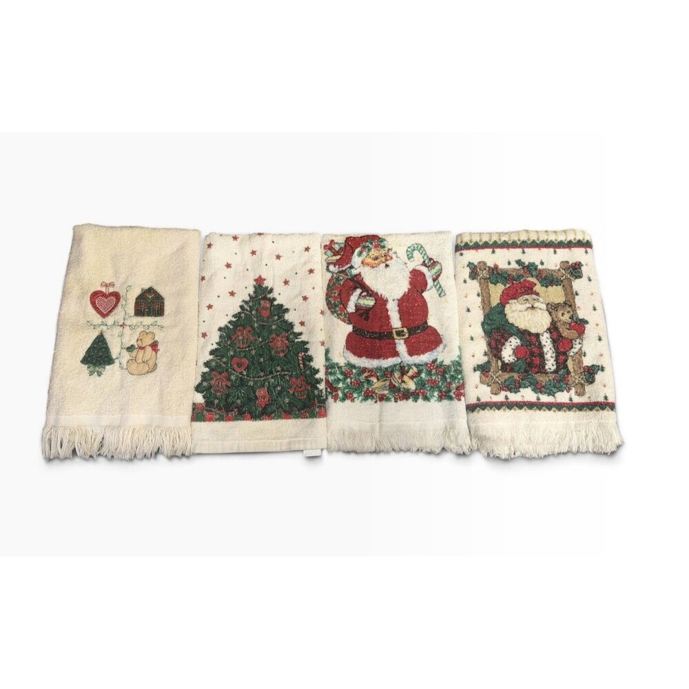 Vtg Christmas Hand Towels Lot 4 Santa Teddy Bear Tree Fringe Terry Cloth Holiday